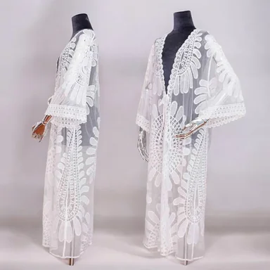 KIMONO MAXI MUJER YOMAR BLANCO TULL ABIERTO LARGO IMPORTADO GIRASOL - 2