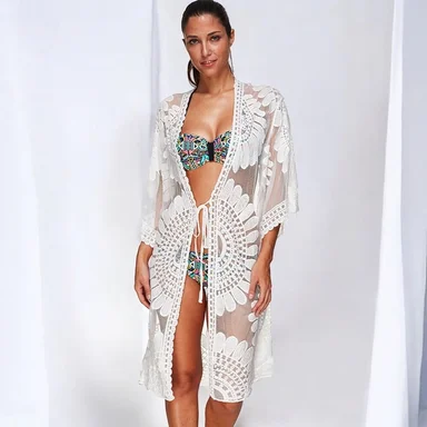 KIMONO MAXI MUJER YOMAR BLANCO TULL ABIERTO LARGO IMPORTADO GIRASOL - 3