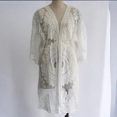 KIMONO MAXI MUJER YOMAR BLANCO TULL ABIERTO LARGO IMPORTADO GIRASOL - 4