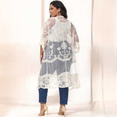 KIMONO MAXI MUJER YOMAR BLANCO TULL ABIERTO MANGA TRES CUARTOS - 1
