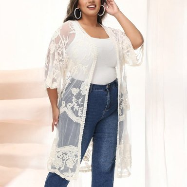 KIMONO MAXI MUJER YOMAR BLANCO TULL ABIERTO MANGA TRES CUARTOS - 2