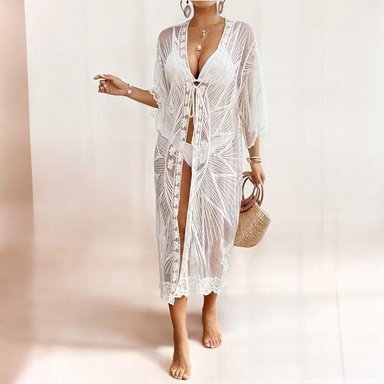 KIMONO MAXI MUJER YOMAR BLANCO TULL BOSQUE - 1