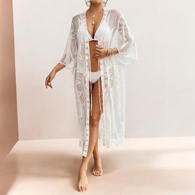 KIMONO MAXI MUJER YOMAR BLANCO TULL BOSQUE - 2