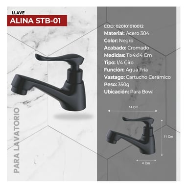 COMBO BOWL KRISTIN BLANCO + LLAVE P/LAVATORIO ALINA STB-01 BLACK STONE + DESAGUE POP UP GRANDE NEGRO S/REBOSE P/BOWL CUERPO 8 CM - 5