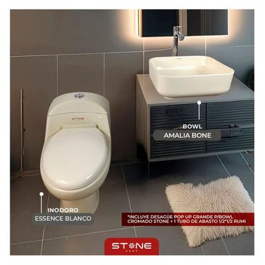COMBO INODORO ONE PIECE ESSENCE BONE + BOWL AMALIA BONE STONE + DESAGUE POP UP GRANDE + 1 TUBO DE ABASTO 1/2*1/2 RUMI - 1