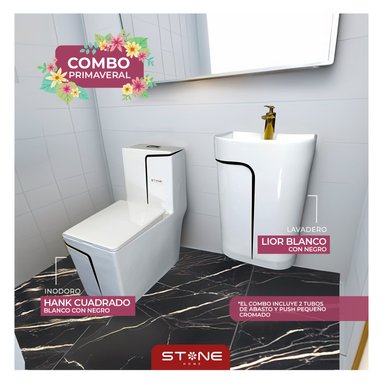 COMBO INODORO HANK CUADRADO BLANCO C/ NEGRO + LAVATORIO LIOR BLANCO C/ NEGRO STONE + DESAGUE POP UP GRANDE P/BOWL NEGRO STONE - 1