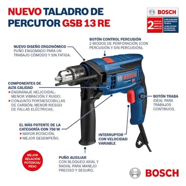 TALADRO DE PERCUSIÓN BOSCH 650W GSB 13 RE 13MM MALETIN - 6
