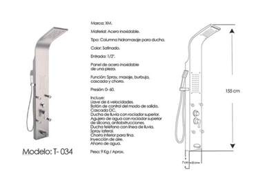COLUMNA HIDROMASAJE PARA DUCHA XM T-034 ACERO INOXIDABLE SATINADO - 2