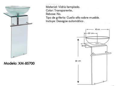 LAVABO PEDESTAL DE VIDRO LUJO XM-85700 VIDRIO TEMPLADO 86 CM TRANSPARENTE TRANSLÚCIDO - 3