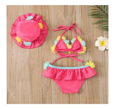 ROPA DE BAÑO 3 PIEZAS PARA BEBE NIÑA FUCSIA DE FLORES 1 AÑO - 4