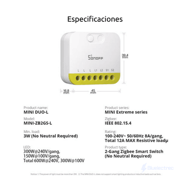 INTERRUPTOR INTELIGENTE DE 2 CANALES (NO NECESITA NEUTRO) - MINI DUO-L SONOFF - 9