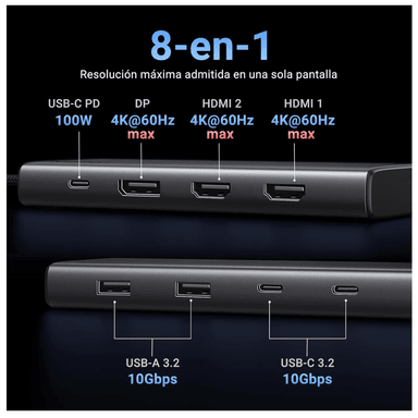 ADAPTADOR UGREEN HUB REVODOK 8 EN 1 HDMI DP 4K 60HZ USB TIPO-C - 2