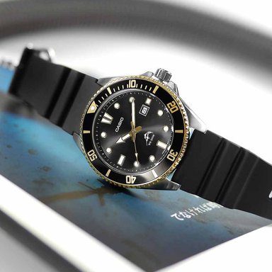 RELOJ CASIO HOMBRE ANÁLOGO MDV-106G-1AV DURO MARLIN FECHA ACUÁTICO CORREA DIAL NEGRO DORADO ACERO INOXIDABLE RESINA - 2