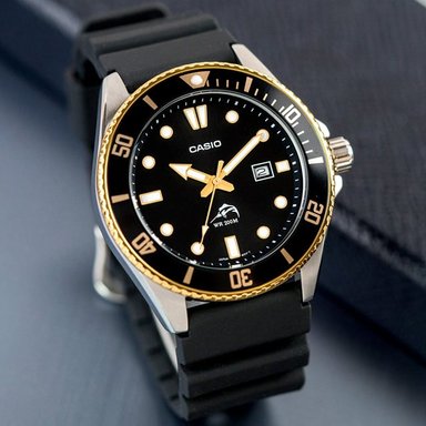 RELOJ CASIO HOMBRE ANÁLOGO MDV-106G-1AV DURO MARLIN FECHA ACUÁTICO CORREA DIAL NEGRO DORADO ACERO INOXIDABLE RESINA - 6