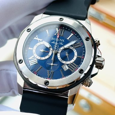 RELOJ BULOVA HOMBRE ANÁLOGO 98B258 MARINE STAR FECHA CRONOMETRO CORREA NEGRO DIAL AZUL SILICONA - 2