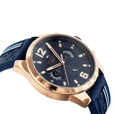 RELOJ TOMMY HILFIGER DECKER 1791474 MULTIFUNCIONAL ACERO INOXIDABLE ORO ROSADO CORREA SILICONA AZUL - 2