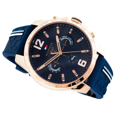 RELOJ TOMMY HILFIGER DECKER 1791474 MULTIFUNCIONAL ACERO INOXIDABLE ORO ROSADO CORREA SILICONA AZUL - 4