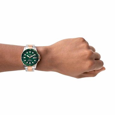 RELOJ FOSSIL FB-01 FS5743 HOMBRE FECHA ACERO INOXIDABLE PLATEADO ORO ROSADO DIAL VERDE - 3