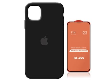FUNDA SILICONE CASE PARA IPHONE 15 PRO NEGRO + MICA DE VIDRIO 11D COMPLETO - 1