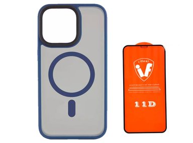 CASE MAGSAFE MATE PARA IPHONE 15 PRO AZUL + MICA DE VIDRIO 11D COMPLETO - 1