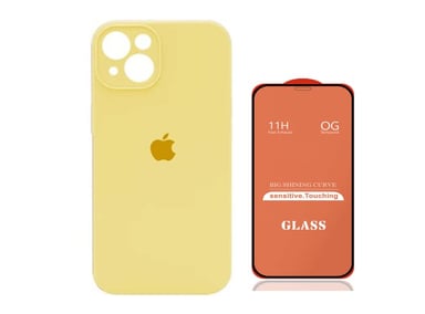 CASE IPHONE 15 SILICONA CON P/CÁMARA AMARILLO + MICA DE VIDRIO COMPLETO - 1