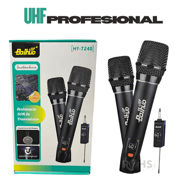 KIT DE 2 MICRÓFONOS KARAOKE INALÁMBRICOS RECARGABLES BAIHUO, MODELO MY-7240 - 6