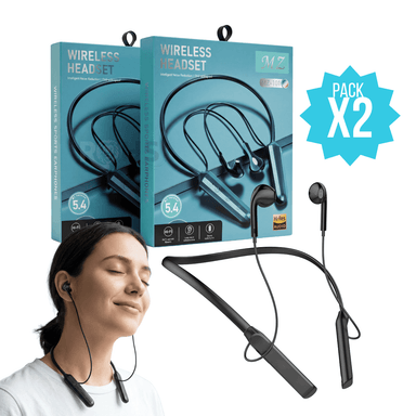 PACK 2 AUDÍFONOS BLUETOOTH INALÁMBRICOS DEPORTIVOS MZ-101 CON REDUCCIÓN DE RUIDO NEGRO - 1