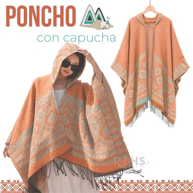 PONCHO CON CAPUCHA DURAZNO CON BORDADO FLORAL DE TELA SUAVE CON FLECOS 52 X 46 CM - 1