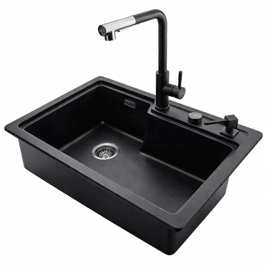 LAVADERO DE CUARZO NEGRO DE 75X47CM CON GRIFERÍA, CONTROL DE DRENAJE Y DISPENSADOR DE JABÓN O DETERGENTE LÍQUIDO - 2