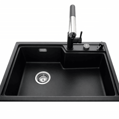 LAVADERO DE CUARZO NEGRO DE 75X47CM CON GRIFERÍA, CONTROL DE DRENAJE Y DISPENSADOR DE JABÓN O DETERGENTE LÍQUIDO - 3