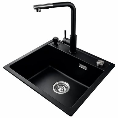 LAVADERO DE CUARZO NEGRO DE 56X47CM CON GRIFERÍA, CONTROL DE DRENAJE Y DISPENSADOR DE JABÓN O DETERGENTE LÍQUIDO - 2