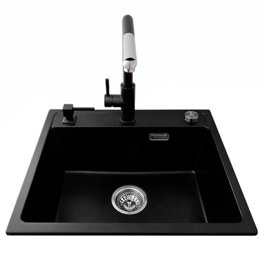 LAVADERO DE CUARZO NEGRO DE 56X47CM CON GRIFERÍA, CONTROL DE DRENAJE Y DISPENSADOR DE JABÓN O DETERGENTE LÍQUIDO - 3