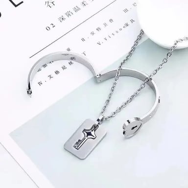 COLLAR DIJE LLAVE DEL AMOR ACERO INOXIDABLE PLATEADO CON PULSERA CORAZÓN - 3