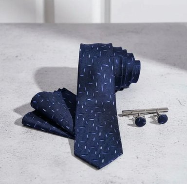 SET CORBATA PISA CORBATA GEMELOS Y PAÑUELO AZUL CON FIGURAS - 3