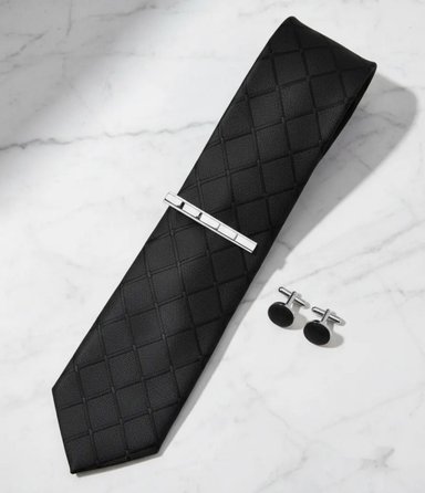 SET CORBATA PISA CORBATA GEMELOS Y PAÑUELO NEGRO ROMBOS - 2