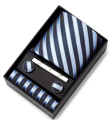 SET CORBATA PISA CORBATA GEMELOS Y PAÑUELO CELESTE RAYAS - 1