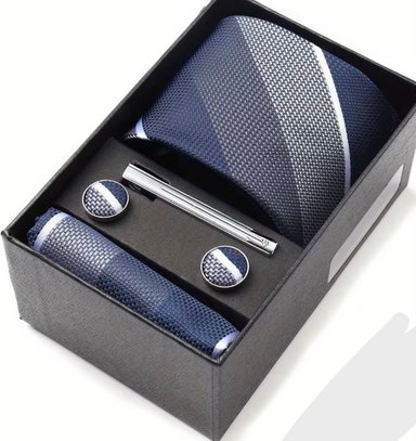 SET CORBATA PISA CORBATA GEMELOS Y PAÑUELO AZUL GIRS RAYAS - 1