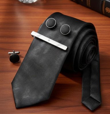 SET CORBATA PISA CORBATA GEMELOS Y PAÑUELO NEGRO RAYAS - 2