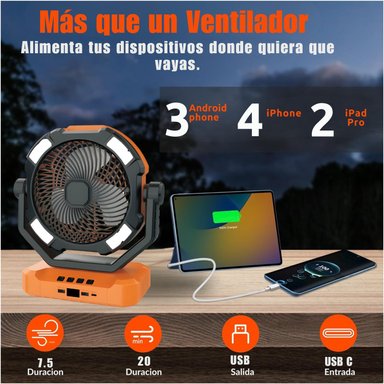VENTILADOR RECARGABLE PORTÁTIL CAFINI 8” CON LUZ LED, CONTROL REMOTO, POWER BANK Y GIRO AUTOMÁTICO - 2