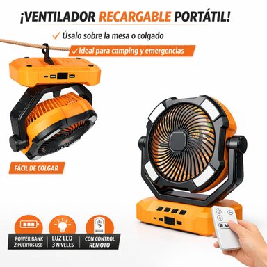 VENTILADOR RECARGABLE PORTÁTIL CAFINI 8” CON LUZ LED, CONTROL REMOTO, POWER BANK Y GIRO AUTOMÁTICO - 3