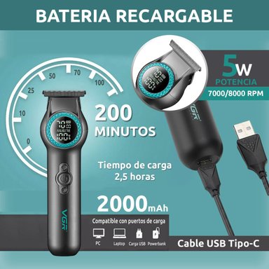 TRIMMER PROFESIONAL RECARGABLE CORTE AL RAS CON LUZ LED 8000RPM PARA BARBA CABELLO - 3