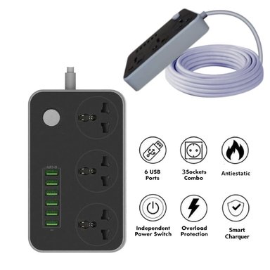 EXTENSION TOMACORRIENTE HUAVI R36 6 USB 3 SOCKET 2MT SMART CHARGUER ESTACION CARGA - 1