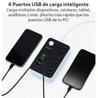EXTENSION TOMACORRIENTE HUAVI R36 6 USB 3 SOCKET 2MT SMART CHARGUER ESTACION CARGA - 3