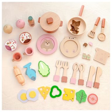 SET PREMIUM DE COCINA Y COMIDA DE MADERA 32 PIEZAS OSITO PARA NIÑOS - 3