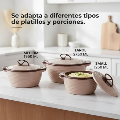 SET X3 RECIPIENTES TÉRMICOS CREMA MULTIUSO (FUENTE Y CONTENEDOR) CON TAPA - 4