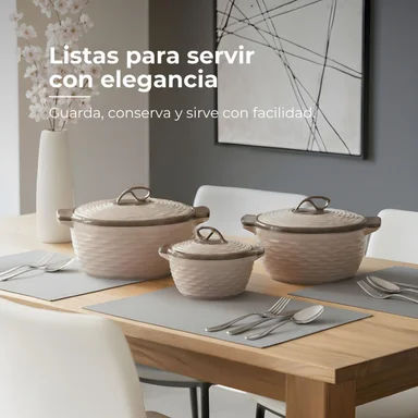 SET X3 RECIPIENTES TÉRMICOS CREMA MULTIUSO (FUENTE Y CONTENEDOR) CON TAPA - 6