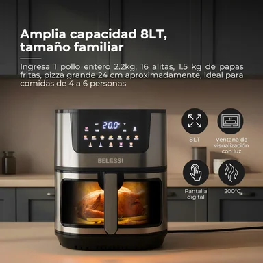 FREIDORA DE AIRE BELESSI CON PANTALLA DIGITAL, CAPACIDAD DE 8LT Y VENTANA DE VISUALIZACIÓN CON LUZ - 3