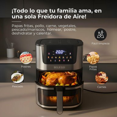 FREIDORA DE AIRE BELESSI CON PANTALLA DIGITAL, CAPACIDAD DE 8LT Y VENTANA DE VISUALIZACIÓN CON LUZ - 7
