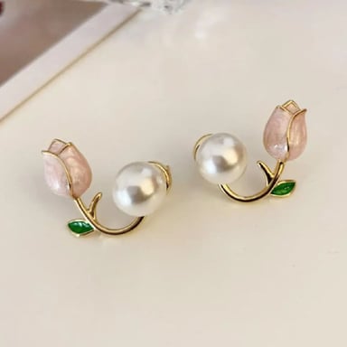 SET COLLAR Y ARETES DE TULIPAN CON PERLA DISEÑO UNICO - 2