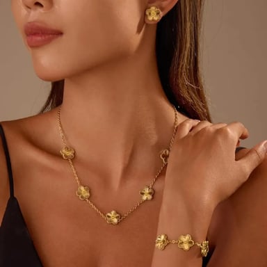 SET COLLAR ARETES PULSERA Y ANILLO TREBOL DISEÑO UNICO ACERO - 4